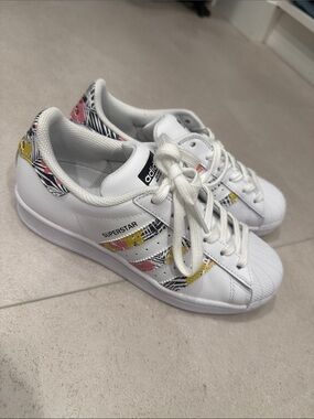 BNIB adidas Superstar White Sneakers with Pink & Yellow Floral Stripes